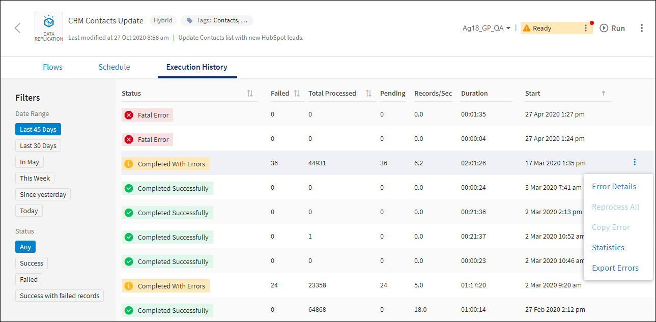 Execution History Filters